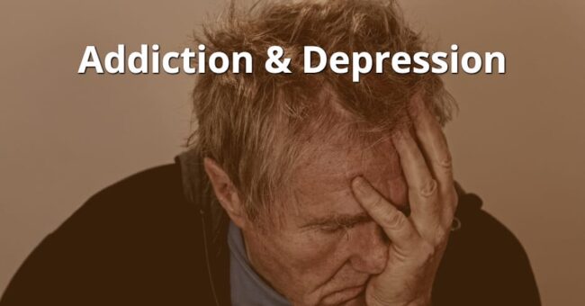 a man holds his face and thinks about addiction and depression