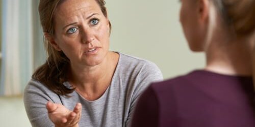 awe A patient talks to her therapist about future medications for treating stimulant addiction