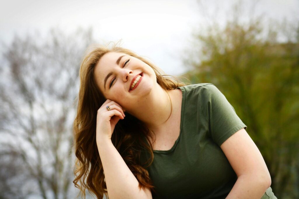 A woman smiling